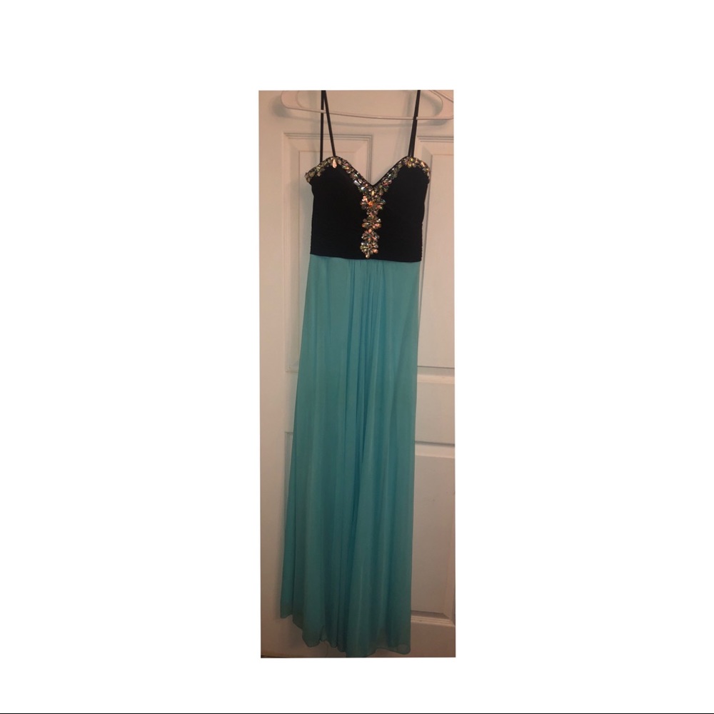Blue and black strapless dress